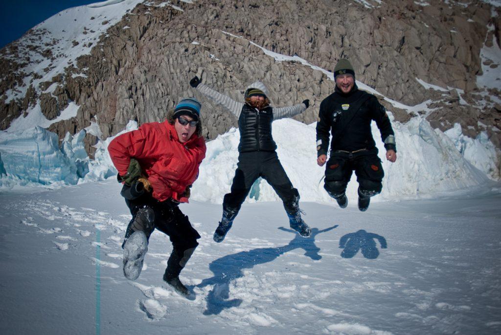 Doug Anderson and Hugh Miller at end of a long day sea ice diving for BBC’s Frozen Planet in Ross Island, Antartica BBC Netflix Apple TV Wildlife Filming Filmmaking Underwater Natural History Ocean Cinematography Gates  Housings Nauticam REvo Rebreathers SCUBA