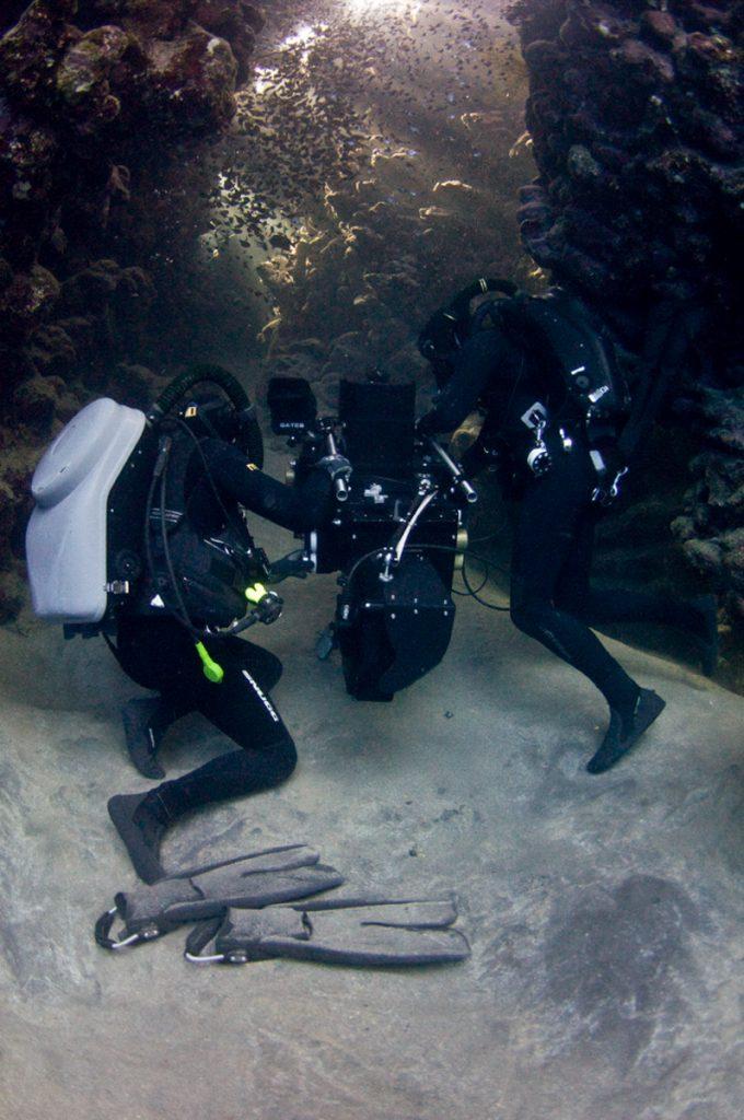 Doug Anderson and Hugh Miller film Lion Fish hunting Glass fish in a cavern for BBC Enchanted Kingdom, Red Sea  BBC Netflix Apple TV Wildlife Filming Filmmaking Underwater Natural History Ocean Cinematography Gates  Housings Nauticam REvo Rebreathers SCUBA