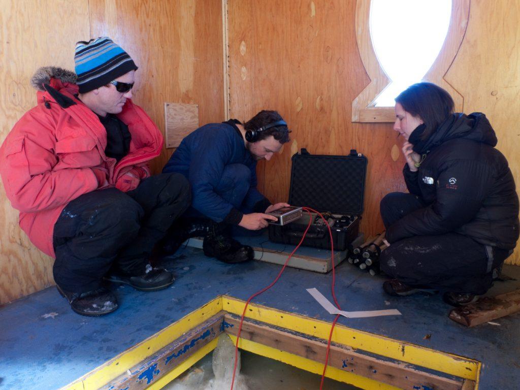 Doug Anderson and Hugh Miller recording Weddle Seal calls underwater for BBC’s FrozenPlanet in Ross Island, Antartica
