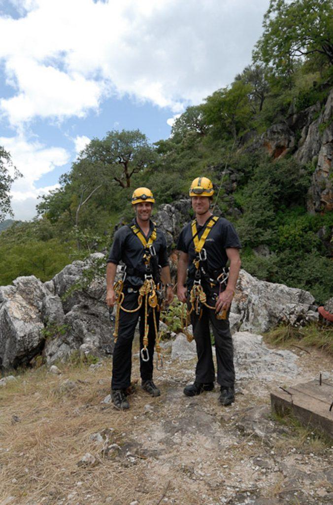 Doug Anderson and Roger Horrocks prepare to decend into the Dragons Breath Cave, Namibia  BBC Netflix Apple TV Wildlife Filming Filmmaking Underwater Natural History Ocean Cinematography Gates  Housings Nauticam REvo Rebreathers SCUBA