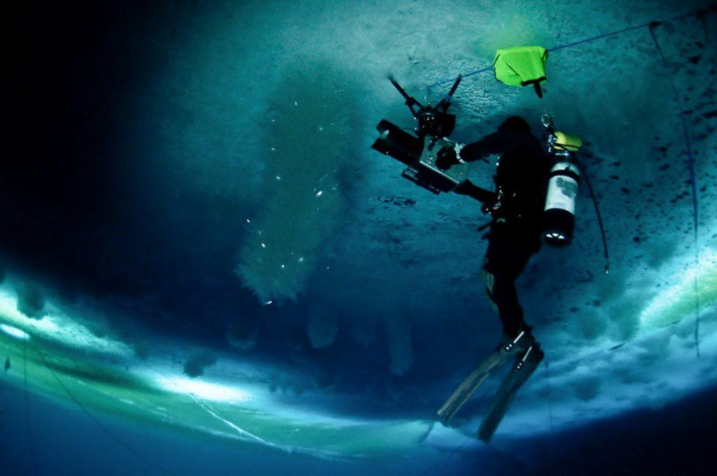 Doug Anderson Filming Ice fish for BBC's Frozen Planet  BBC Netflix Apple TV Wildlife Filming Filmmaking Underwater Natural History Ocean Cinematography Gates  Housings Nauticam REvo Rebreathers SCUBA