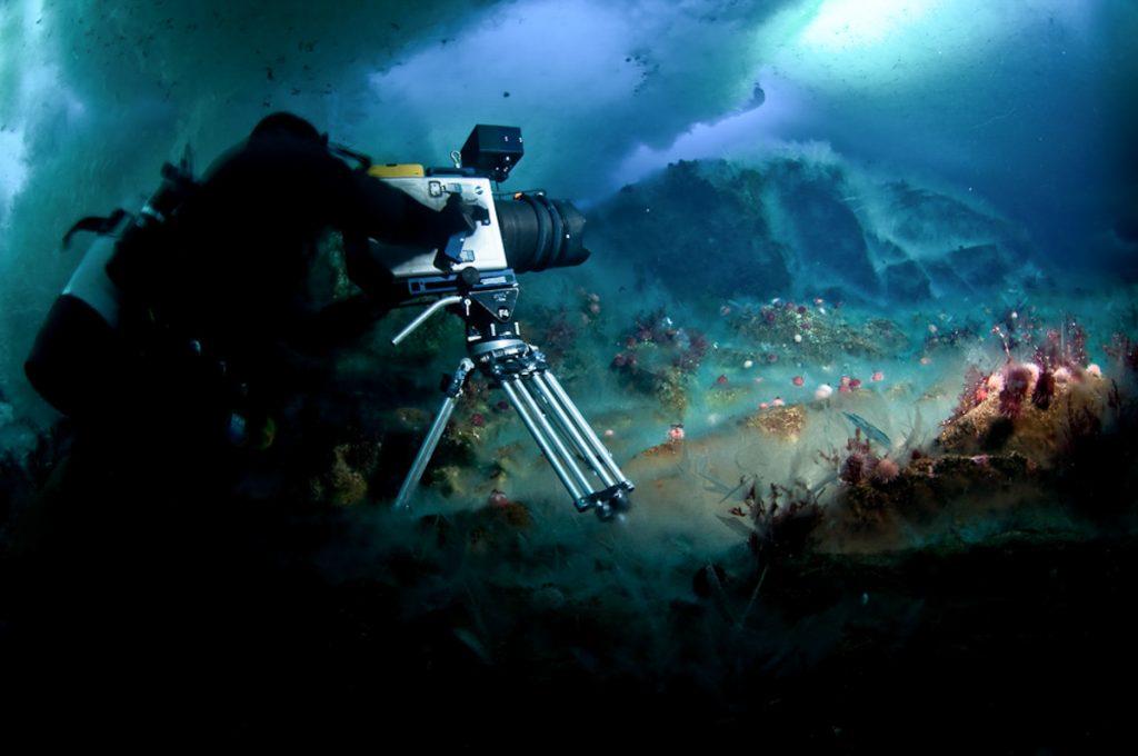 Doug Anderson filming ice waterfall at Granite harbour for BBC’s FrozenPlanet in Ross Island, Antartica  BBC Netflix Apple TV Wildlife Filming Filmmaking Underwater Natural History Ocean Cinematography Gates  Housings Nauticam REvo Rebreathers SCUBA