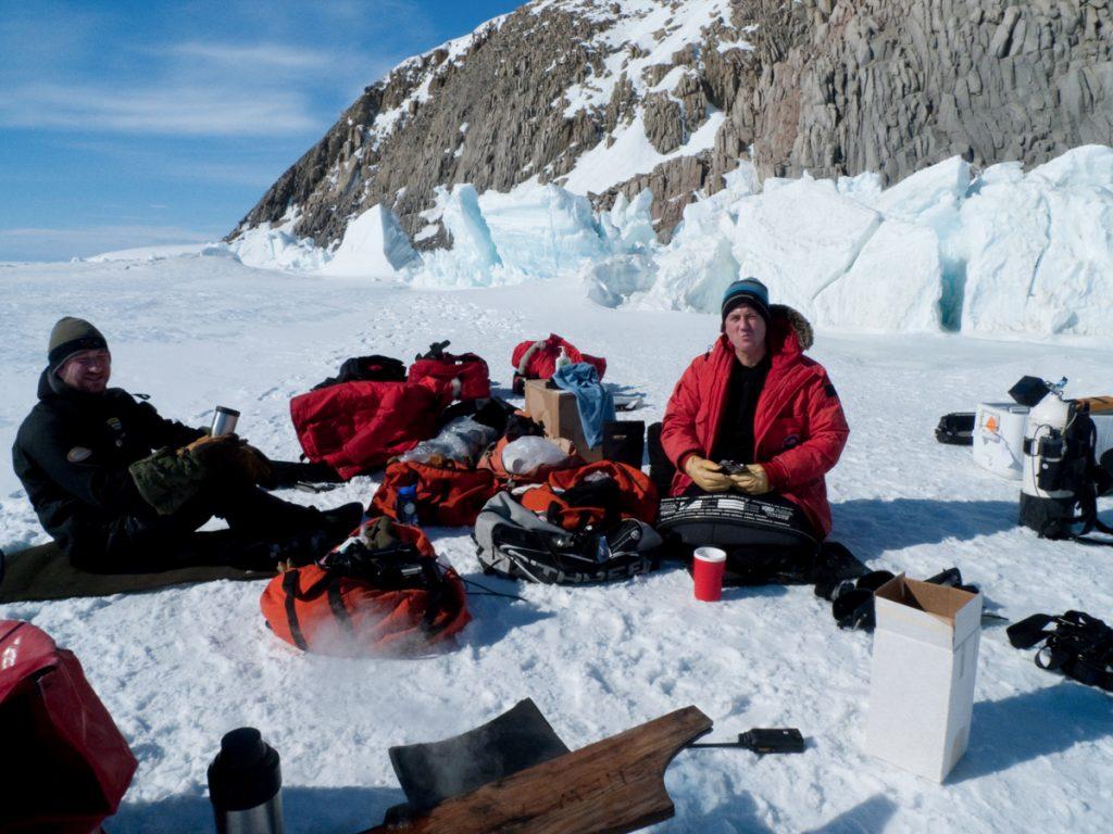 Doug Anderson resting between underice dives FrozenPlanet in Ross Island, Antartica  BBC Netflix Apple TV Wildlife Filming Filmmaking Underwater Natural History Ocean Cinematography Gates  Housings Nauticam REvo Rebreathers SCUBA