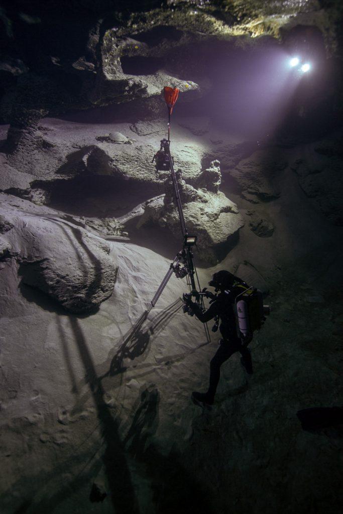 Doug Anderson using an underwater Jib and Revo Rebreather to get shots of Sea Turtle skeletons in a cave in Borneo for Disney, Dolphin Reef  BBC Netflix Apple TV Wildlife Filming Filmmaking Underwater Natural History Ocean Cinematography Gates  Housings Nauticam REvo Rebreathers SCUBA