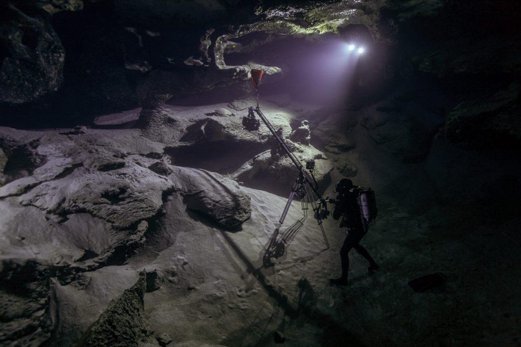 Doug Anderson using an underwater Jib to film Sea Turtle skeletons in a cave in Borneo for Disney, Dolphin Reef  BBC Netflix Apple TV Wildlife Filming Filmmaking Underwater Natural History Ocean Cinematography Gates  Housings Nauticam REvo Rebreathers SCUBA