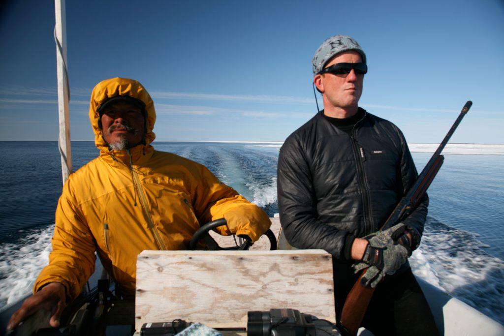 Boating between filming locations whilst filming Bow Head whales.  BBC Netflix Apple TV Wildlife Filming Filmmaking Underwater Natural History Ocean Cinematography Gates  Housings Nauticam REvo Rebreathers SCUBA Finistare clothing